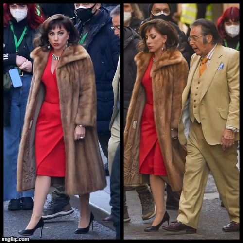 Lady Gaga & Al Pacino on the set of “House of Gucci” in Rome | image tagged in lady gaga al pacino on the set of house of gucci in rome | made w/ Imgflip meme maker