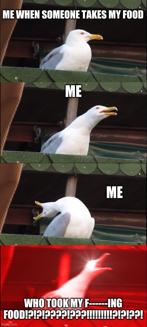 Inhaling Seagull Meme | ME WHEN SOMEONE TAKES MY FOOD ME ME WHO TOOK MY F------ING FOOD!?!?!????!???!!!!!!!!!?!?!??! | image tagged in memes,inhaling seagull | made w/ Imgflip meme maker