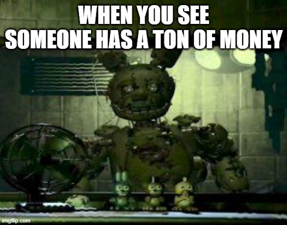 Hippity Hoppity that money is now my property | WHEN YOU SEE SOMEONE HAS A TON OF MONEY | image tagged in fnaf springtrap in window,hippity hoppity you're now my property,money | made w/ Imgflip meme maker