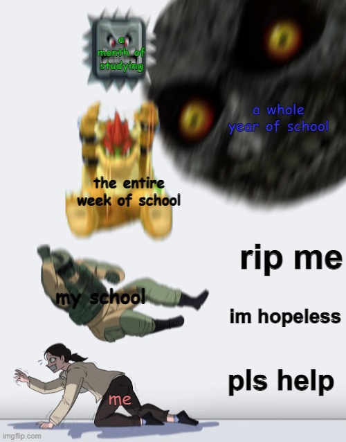 Crushing Combo | a month of studying; a whole year of school; the entire week of school; rip me; my school; im hopeless; pls help; me | image tagged in crushing combo | made w/ Imgflip meme maker