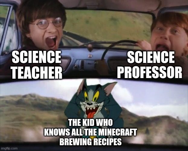lol | SCIENCE PROFESSOR; SCIENCE TEACHER; THE KID WHO KNOWS ALL THE MINECRAFT BREWING RECIPES | image tagged in tom chasing harry and ron weasly,xd,nooo haha go brrr,lol so funny | made w/ Imgflip meme maker