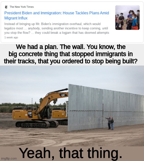 Build that wall... |  We had a plan. The wall. You know, the big concrete thing that stopped immigrants in their tracks, that you ordered to stop being built? Yeah, that thing. | image tagged in trump wall,stupid people,stupid liberals | made w/ Imgflip meme maker