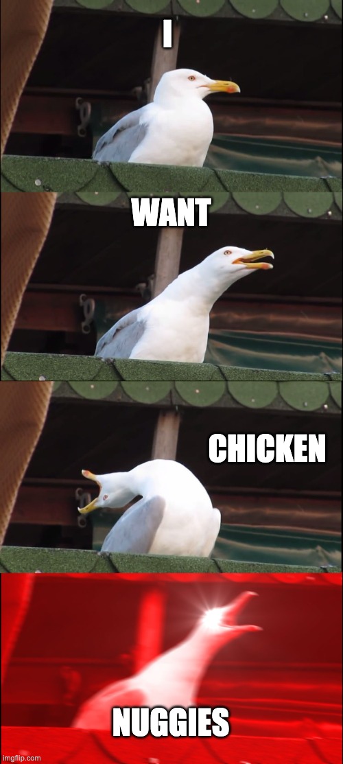 I WANT MY NUGGIES | I; WANT; CHICKEN; NUGGIES | image tagged in memes,inhaling seagull | made w/ Imgflip meme maker