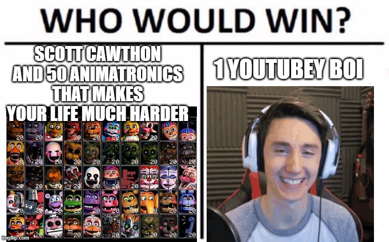 Who Would Win? | SCOTT CAWTHON AND 50 ANIMATRONICS THAT MAKES YOUR LIFE MUCH HARDER; 1 YOUTUBEY BOI | image tagged in memes,who would win,fnaf,ucn,dawko,lewis | made w/ Imgflip meme maker