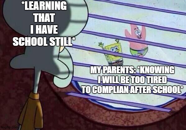 literally my parents when school starts. | *LEARNING THAT I HAVE SCHOOL STILL*; MY PARENTS: *KNOWING I WILL BE TOO TIRED TO COMPLIAN AFTER SCHOOL* | image tagged in squidward window | made w/ Imgflip meme maker