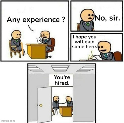 not bad! | image tagged in no experience you're hired,experience,job interview,repost,comics/cartoons,comics | made w/ Imgflip meme maker