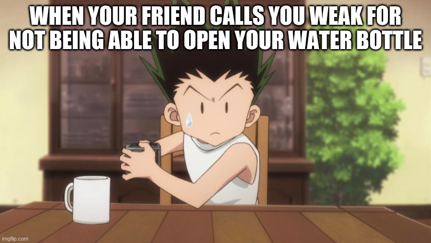 I'M NOT WEAK | WHEN YOUR FRIEND CALLS YOU WEAK FOR NOT BEING ABLE TO OPEN YOUR WATER BOTTLE | image tagged in gon saving | made w/ Imgflip meme maker