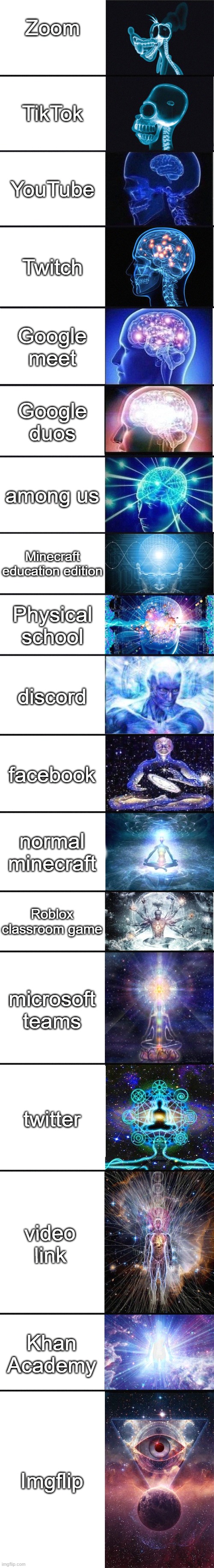 zoom = trash |  Zoom; TikTok; YouTube; Twitch; Google meet; Google duos; among us; Minecraft education edition; Physical school; discord; facebook; normal minecraft; Roblox classroom game; microsoft teams; twitter; video link; Khan Academy; Imgflip | image tagged in expanding brain 9001 | made w/ Imgflip meme maker