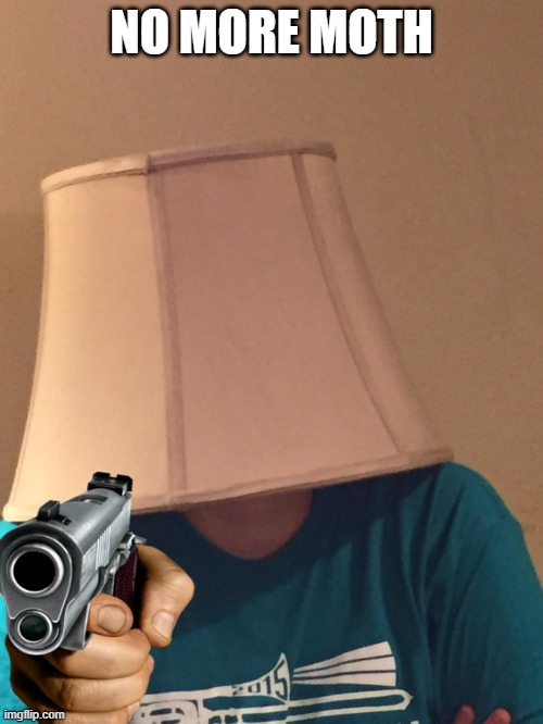 Lampshade of Disapproval | NO MORE MOTH | image tagged in lampshade of disapproval,gun,no,moth go die | made w/ Imgflip meme maker