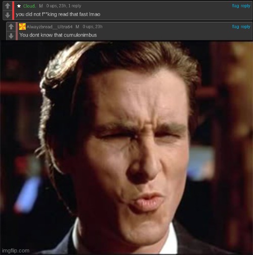 tfw you get called a cumulonimbus | image tagged in american psycho ooft | made w/ Imgflip meme maker