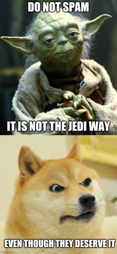 DO NOT SPAM IT IS NOT THE JEDI WAY EVEN THOUGH THEY DESERVE IT | image tagged in memes,star wars yoda,angry doge | made w/ Imgflip meme maker