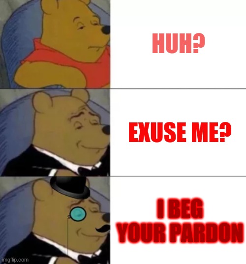 fanceh | HUH? EXUSE ME? I BEG YOUR PARDON | image tagged in fancy pooh | made w/ Imgflip meme maker