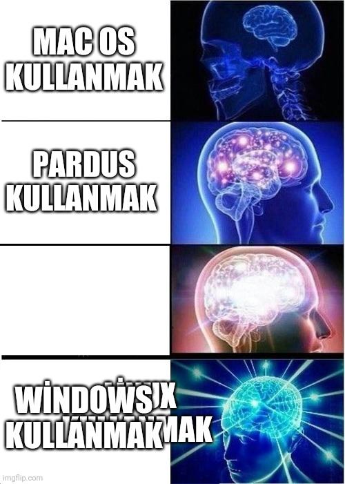 Expanding Brain Meme | MAC OS KULLANMAK PARDUS KULLANMAK LİNUX KULLANMAK WİNDOWS KULLANMAK | image tagged in memes,expanding brain | made w/ Imgflip meme maker