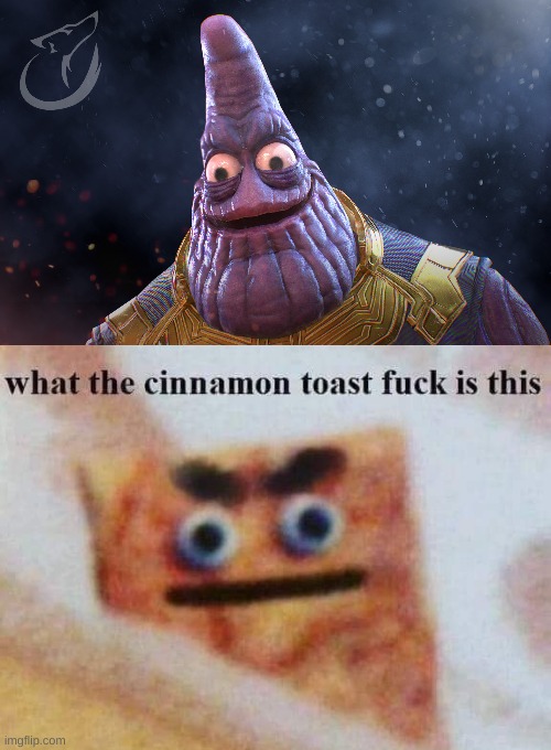 What unholy beast have you brought upon this cursed land | image tagged in what the cinnamon toast f is this,patrick star,thanos | made w/ Imgflip meme maker