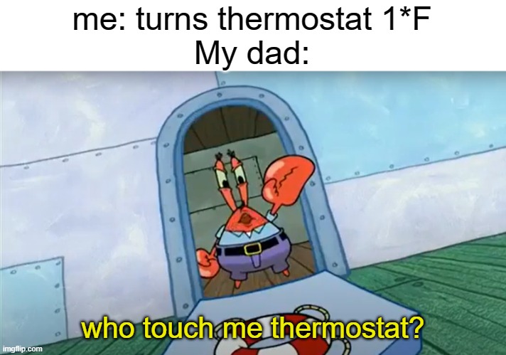 me: turns thermostat 1*F
My dad:; who touch me thermostat? | image tagged in memes | made w/ Imgflip meme maker