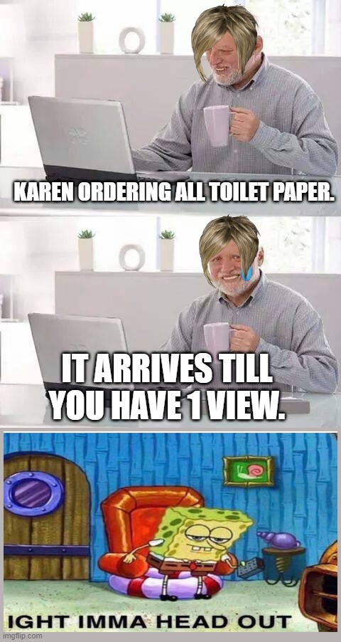 Karen | KAREN ORDERING ALL TOILET PAPER. IT ARRIVES TILL YOU HAVE 1 VIEW. | image tagged in memes,hide the pain harold | made w/ Imgflip meme maker