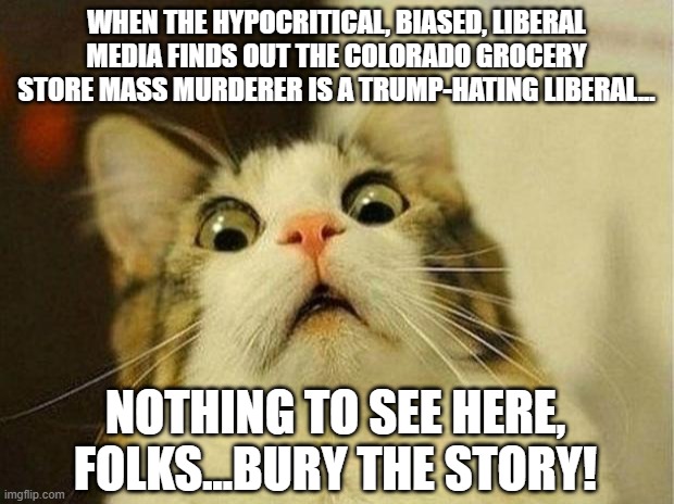 Liberals Are the Biggest Hypocrites to Ever Exist! | WHEN THE HYPOCRITICAL, BIASED, LIBERAL MEDIA FINDS OUT THE COLORADO GROCERY STORE MASS MURDERER IS A TRUMP-HATING LIBERAL... NOTHING TO SEE HERE, FOLKS...BURY THE STORY! | image tagged in memes,scared cat,liberal hypocrisy,stupid liberals,morons,mass shooting | made w/ Imgflip meme maker