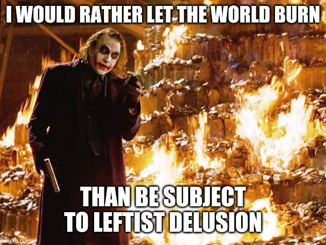 If you won't accept logic | I WOULD RATHER LET THE WORLD BURN; THAN BE SUBJECT TO LEFTIST DELUSION | image tagged in joker money message,burn | made w/ Imgflip meme maker
