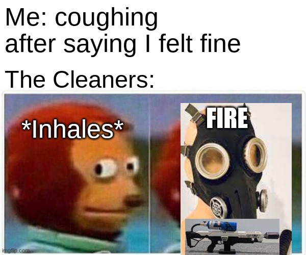 Monkey Puppet | Me: coughing after saying I felt fine; The Cleaners:; FIRE; *Inhales* | image tagged in memes,monkey puppet | made w/ Imgflip meme maker