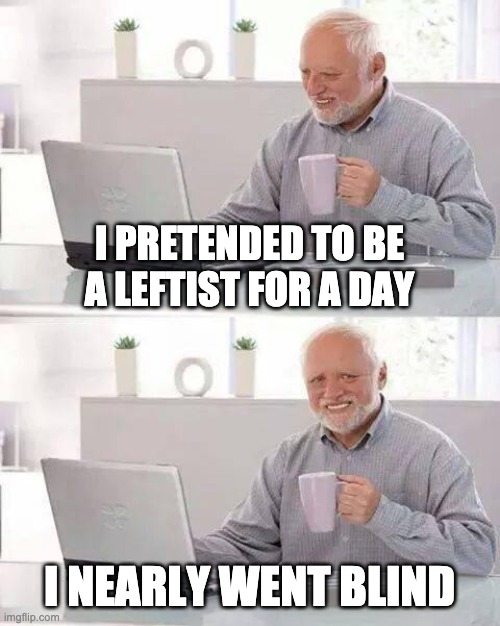 blind to the truth | I PRETENDED TO BE
A LEFTIST FOR A DAY; I NEARLY WENT BLIND | image tagged in memes,hide the pain harold,leftists | made w/ Imgflip meme maker