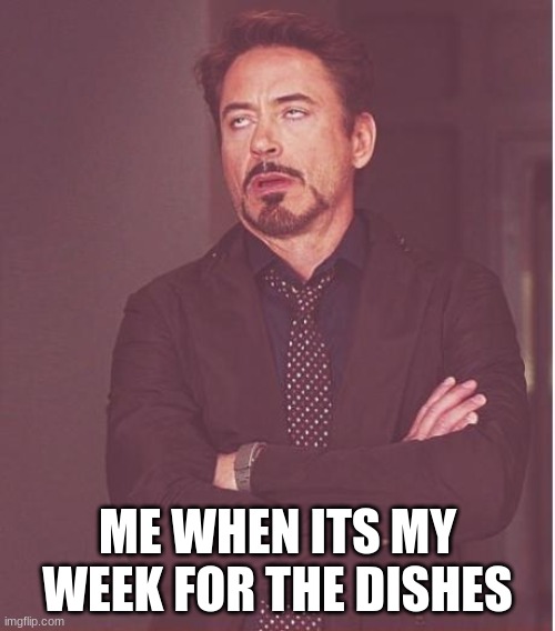 Face You Make Robert Downey Jr Meme | ME WHEN ITS MY WEEK FOR THE DISHES | image tagged in memes,face you make robert downey jr | made w/ Imgflip meme maker