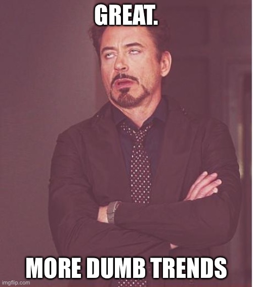 What’s the point of them anyway? | GREAT. MORE DUMB TRENDS | image tagged in memes,face you make robert downey jr | made w/ Imgflip meme maker
