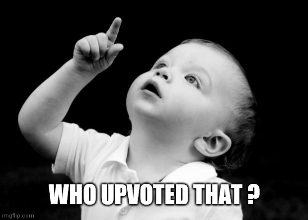 babay pointing up | WHO UPVOTED THAT ? | image tagged in babay pointing up | made w/ Imgflip meme maker
