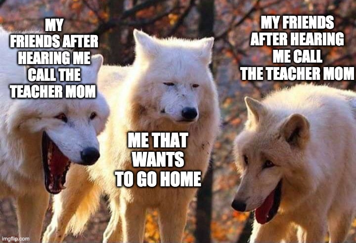 Laughing wolf | MY FRIENDS AFTER HEARING ME CALL THE TEACHER MOM; MY FRIENDS AFTER HEARING ME CALL THE TEACHER MOM; ME THAT WANTS TO GO HOME | image tagged in laughing wolf | made w/ Imgflip meme maker