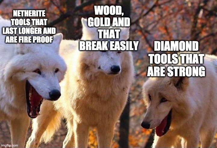Laughing wolf | WOOD, GOLD AND THAT BREAK EASILY; NETHERITE TOOLS THAT LAST LONGER AND ARE FIRE PROOF; DIAMOND TOOLS THAT ARE STRONG | image tagged in laughing wolf | made w/ Imgflip meme maker