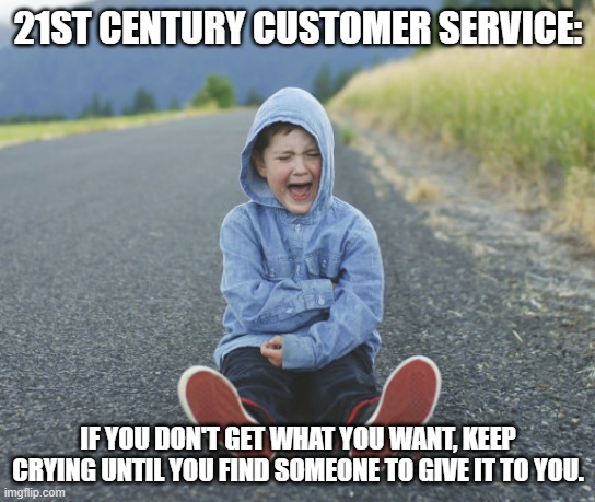 Tantrum | 21ST CENTURY CUSTOMER SERVICE:; IF YOU DON'T GET WHAT YOU WANT, KEEP CRYING UNTIL YOU FIND SOMEONE TO GIVE IT TO YOU. | image tagged in tantrum,crying | made w/ Imgflip meme maker