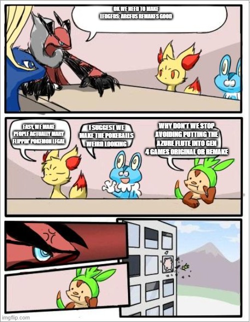 Azure flute is dead |  OK WE NEED TO MAKE LEDGEDS: ARCEUS REMAKES GOOD; EASY, WE MAKE PEOPLE ACTUALLY MARY FLIPPIN' POKEMON LEGAL; WHY DON'T WE STOP AVOIDING PUTTING THE AZURE FLUTE INTO GEN 4 GAMES ORIGINAL OR REMAKE; I SUGGEST WE MAKE THE POKEBALLS WEIRD LOOKING | image tagged in pokemon board meeting | made w/ Imgflip meme maker