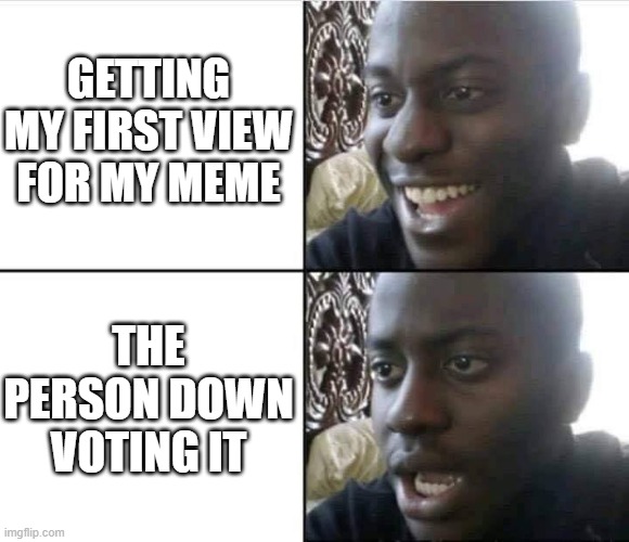 my first view | GETTING MY FIRST VIEW FOR MY MEME; THE PERSON DOWN VOTING IT | image tagged in memes,fun,upvote,yay to sad,first,happy | made w/ Imgflip meme maker