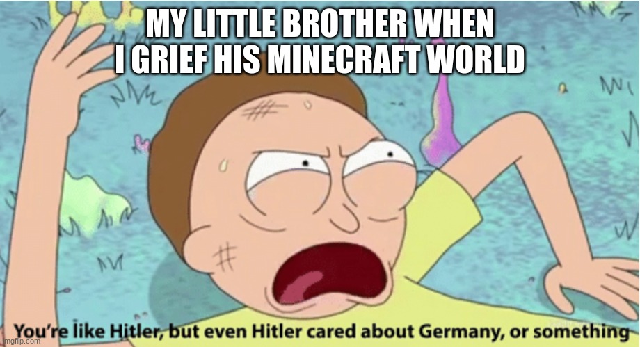 so true | MY LITTLE BROTHER WHEN I GRIEF HIS MINECRAFT WORLD | image tagged in rick and morty hitler | made w/ Imgflip meme maker