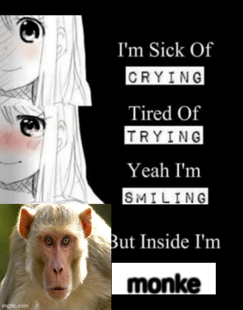 ????? | monke | image tagged in monke,funny,meme,im sick of crying,help me lol,oh wow are you actually reading these tags | made w/ Imgflip meme maker
