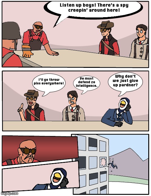 image tagged in tf2,boardroom meeting suggestion,spy,tf2sniper,tf2 engineer,tf2 medic | made w/ Imgflip meme maker
