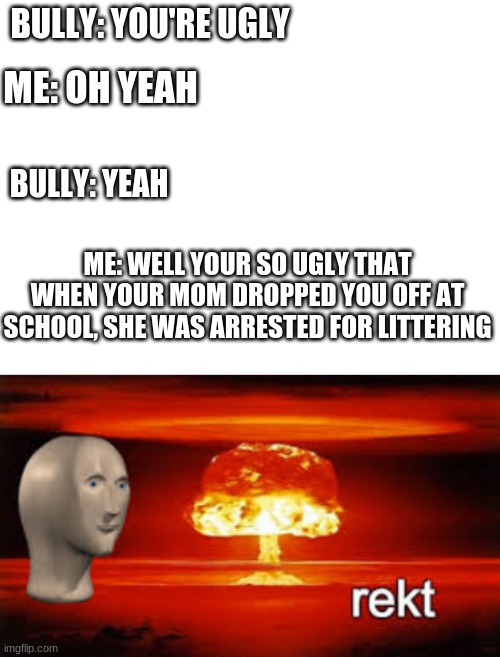 rekt | BULLY: YOU'RE UGLY; ME: OH YEAH; BULLY: YEAH; ME: WELL YOUR SO UGLY THAT WHEN YOUR MOM DROPPED YOU OFF AT SCHOOL, SHE WAS ARRESTED FOR LITTERING | image tagged in blank white template | made w/ Imgflip meme maker