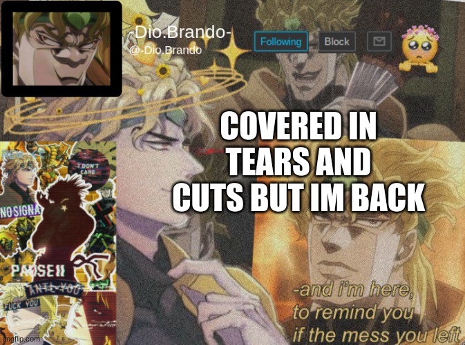 yup~ | COVERED IN TEARS AND CUTS BUT IM BACK | image tagged in dio temp 2 | made w/ Imgflip meme maker