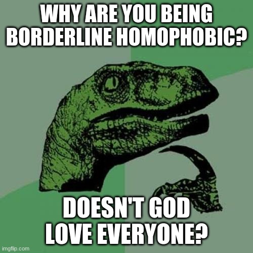 im an aetheist too uwu | WHY ARE YOU BEING BORDERLINE HOMOPHOBIC? DOESN'T GOD LOVE EVERYONE? | image tagged in memes,philosoraptor | made w/ Imgflip meme maker