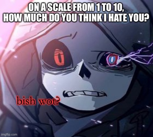 E | ON A SCALE FROM 1 TO 10, HOW MUCH DO YOU THINK I HATE YOU? | image tagged in dust sans bish wot | made w/ Imgflip meme maker