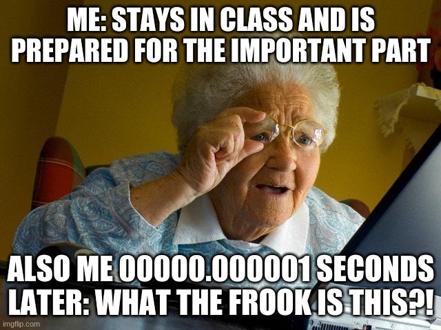 Grandma Finds The Internet Meme | ME: STAYS IN CLASS AND IS PREPARED FOR THE IMPORTANT PART; ALSO ME 00000.000001 SECONDS LATER: WHAT THE FROOK IS THIS?! | image tagged in memes,grandma finds the internet | made w/ Imgflip meme maker