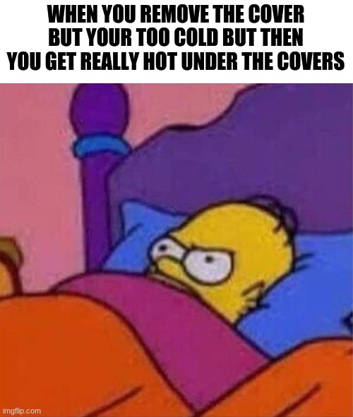 angry homer simpson in bed | WHEN YOU REMOVE THE COVER BUT YOUR TOO COLD BUT THEN YOU GET REALLY HOT UNDER THE COVERS | image tagged in angry homer simpson in bed | made w/ Imgflip meme maker