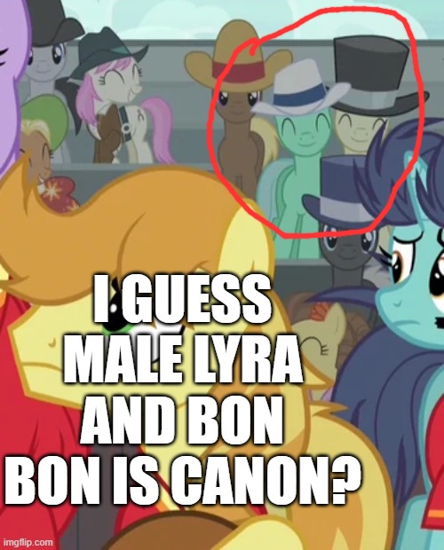 wow! secret au portal! (Buckball Season) | I GUESS MALE LYRA AND BON BON IS CANON? | image tagged in my little pony friendship is magic,applejack | made w/ Imgflip meme maker