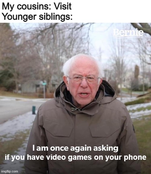 When your cousins visit | My cousins: Visit
Younger siblings:; if you have video games on your phone | image tagged in memes,bernie i am once again asking for your support,fun | made w/ Imgflip meme maker