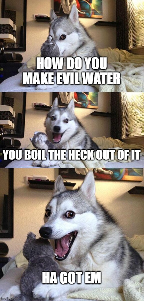 Bad Pun Dog Meme | HOW DO YOU MAKE EVIL WATER; YOU BOIL THE HECK OUT OF IT; HA GOT EM | image tagged in memes,bad pun dog | made w/ Imgflip meme maker