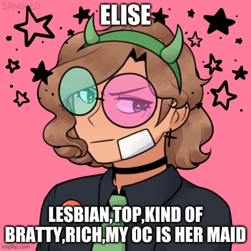 Elise | ELISE; LESBIAN,TOP,KIND OF BRATTY,RICH,MY OC IS HER MAID | image tagged in lesbian,rich | made w/ Imgflip meme maker