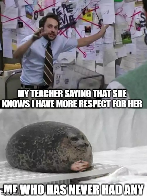 I have never ever had any at all | MY TEACHER SAYING THAT SHE KNOWS I HAVE MORE RESPECT FOR HER; ME WHO HAS NEVER HAD ANY | image tagged in man explaining to seal,school,unhelpful teacher,respect | made w/ Imgflip meme maker