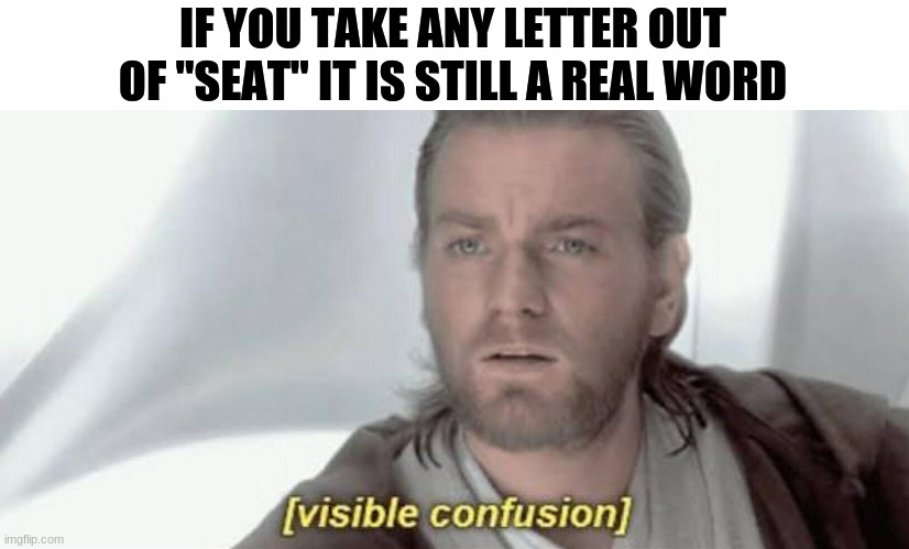 Visible Confusion | IF YOU TAKE ANY LETTER OUT OF "SEAT" IT IS STILL A REAL WORD | image tagged in visible confusion,meme,funny,funny memes | made w/ Imgflip meme maker