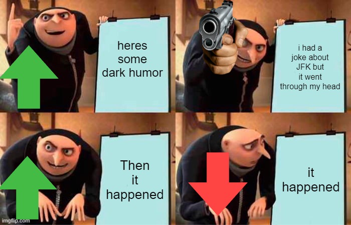 heres some dark humor | heres some dark humor; i had a joke about JFK but it went through my head; Then it happened; it happened | image tagged in memes,gru's plan | made w/ Imgflip meme maker