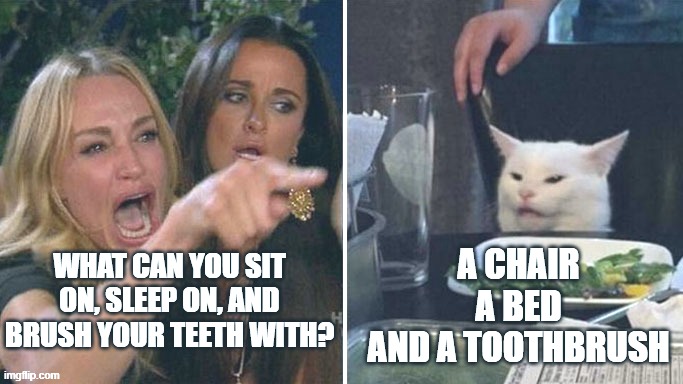 Angry lady cat | WHAT CAN YOU SIT ON, SLEEP ON, AND BRUSH YOUR TEETH WITH? A CHAIR
A BED
AND A TOOTHBRUSH | image tagged in angry lady cat | made w/ Imgflip meme maker