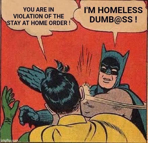 Batman Slapping Robin Meme | YOU ARE IN VIOLATION OF THE STAY AT HOME ORDER ! I'M HOMELESS DUMB@SS ! | image tagged in memes,batman slapping robin | made w/ Imgflip meme maker